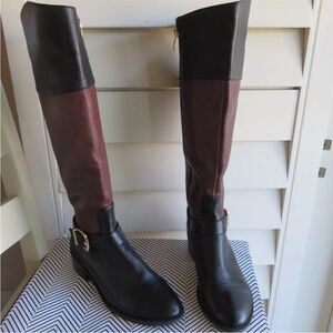 Vince Camuto Leisha Knee High Riding Boot Black Brown Leather Buckle 7.5 Women's